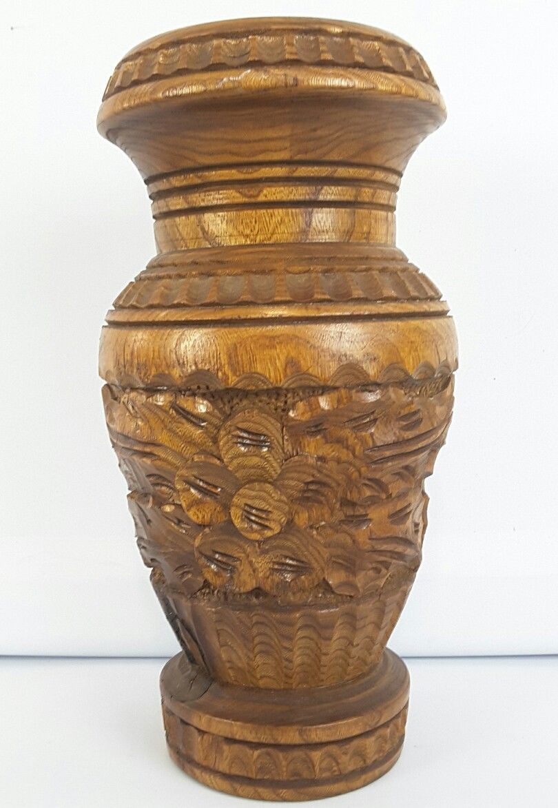 Vintage Wood Vase Hand Carved Tribal 10.5" Ornate Teak Scrollwork daisy