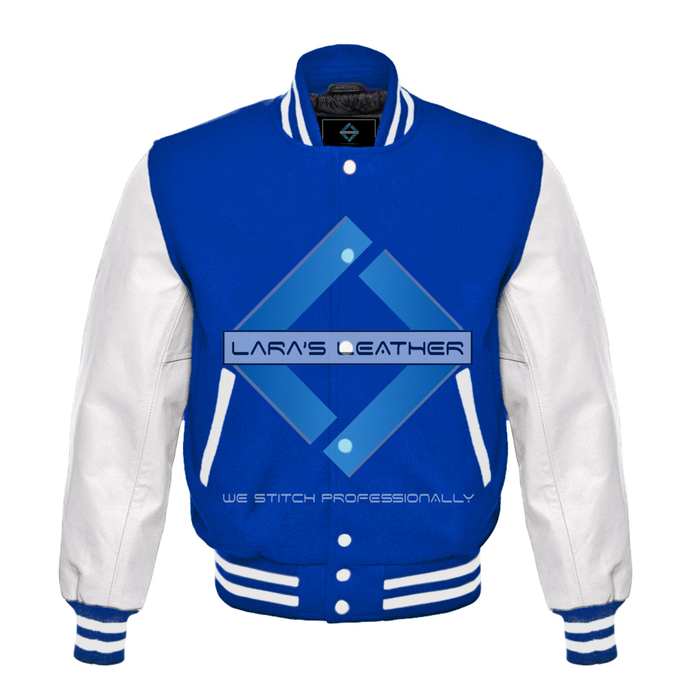 Royal blue Varsity Letterman Wool Jacket with White Leather Sleeves XS-4XL