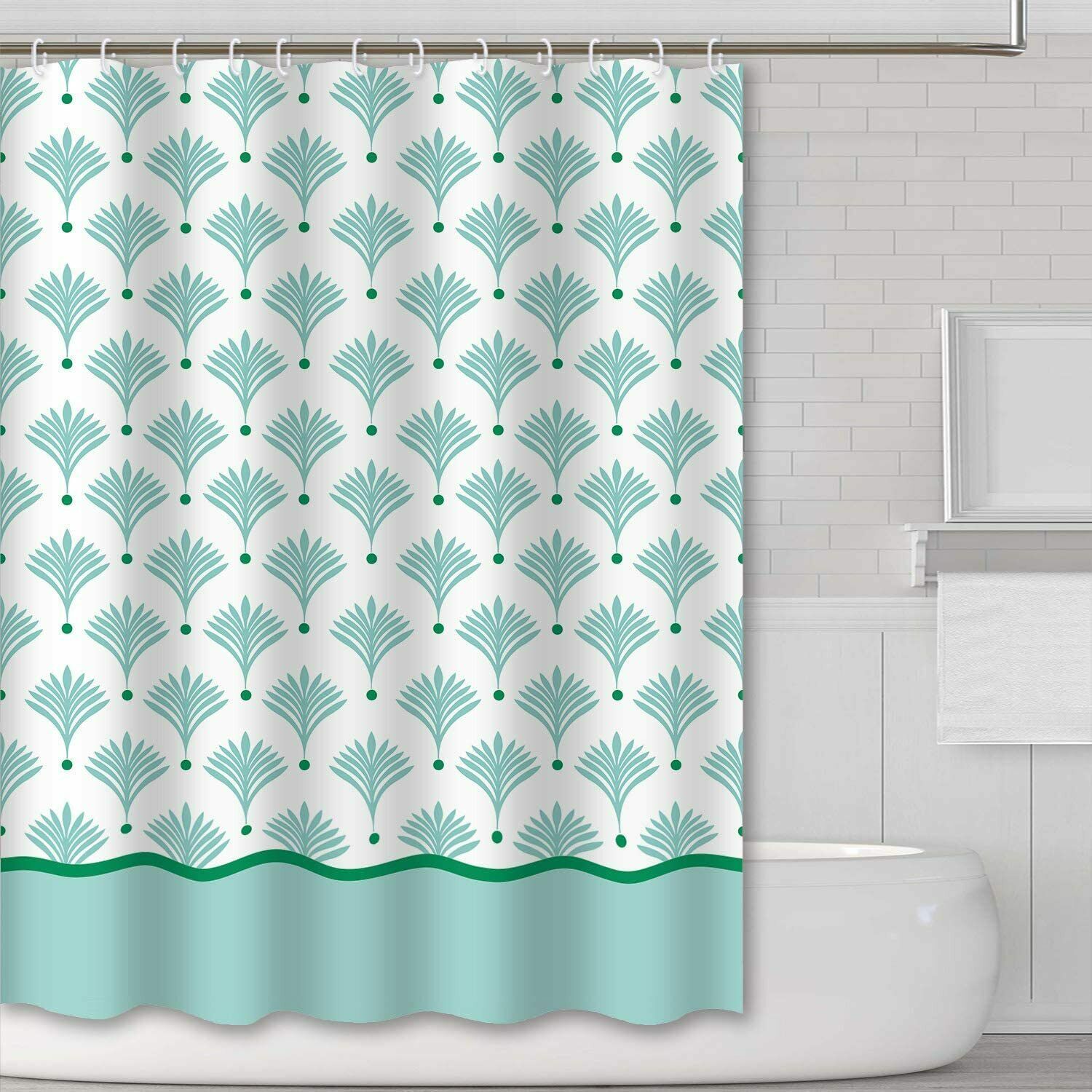 Seashell Coastal Blue Green White Pretty Farmhouse Fabric Shower