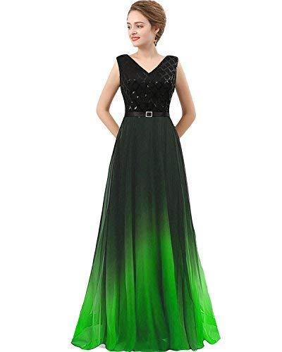 Black Long Sequined Ombre Chiffon A Line Gradient Prom Evening Dresses Lime Gree