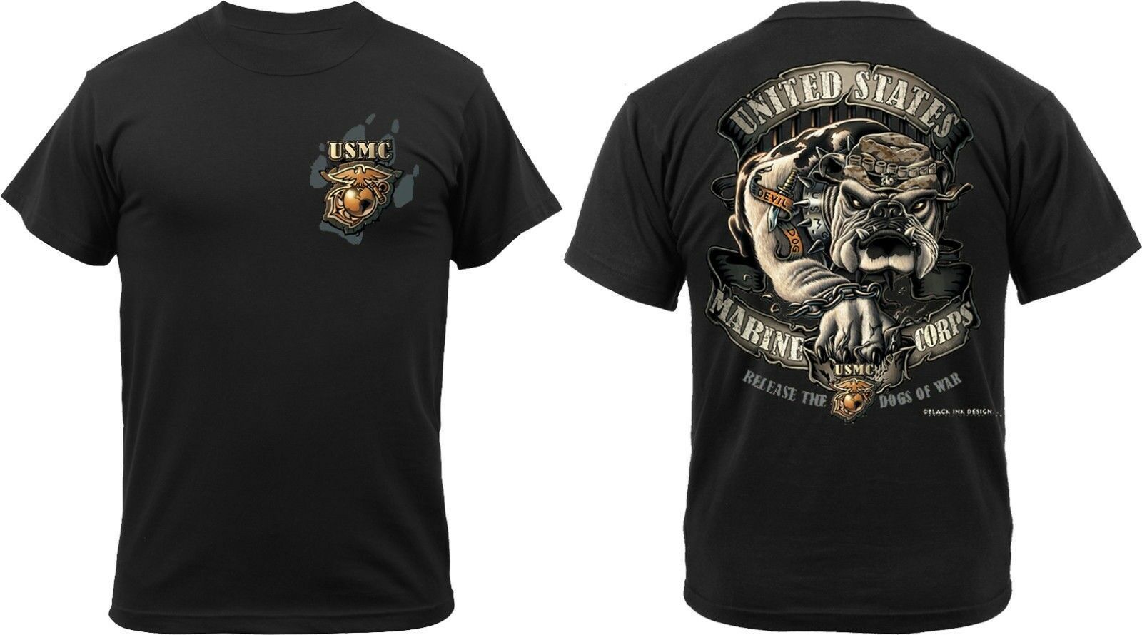 Black Ink Design 2 Sided USMC Marine Corps Devil Dog Bulldog T-Shirt ...