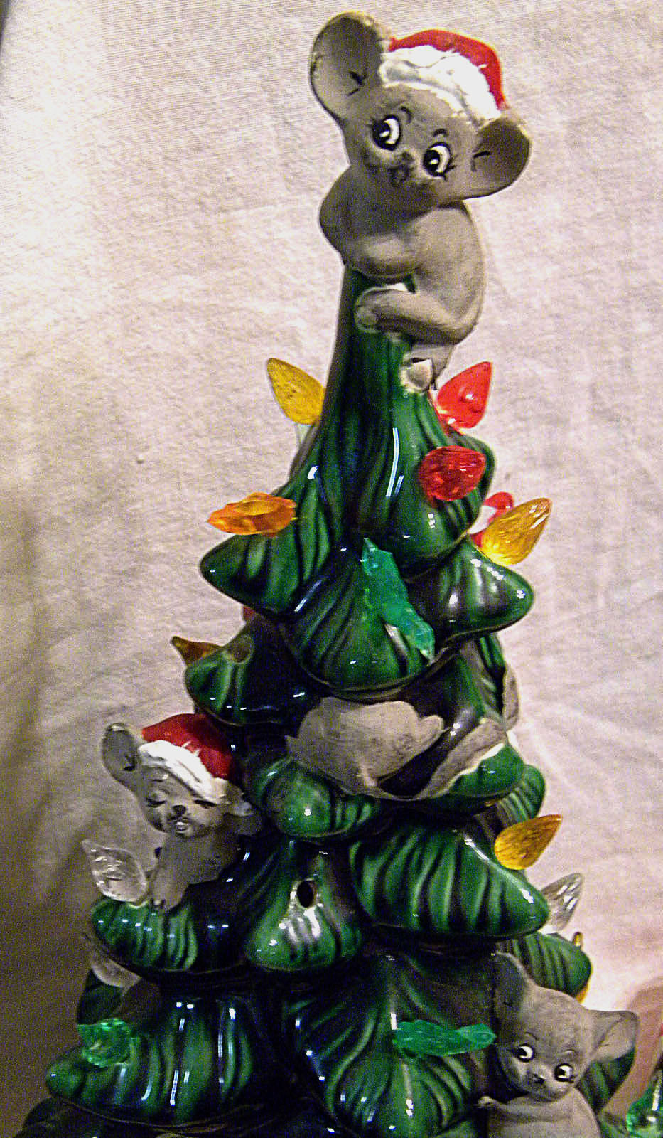 Vintage Lighted Ceramic Christmas Tree With Mice and presents around base Artificial Trees