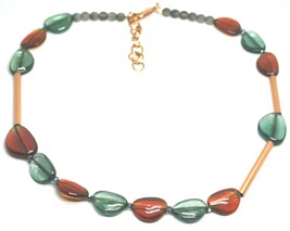 ROSE NECKLACE AMBER GREEN ROUNDED DROPS OF MURANO GLASS TUBE ALTERNATE 50cm 20" image 1