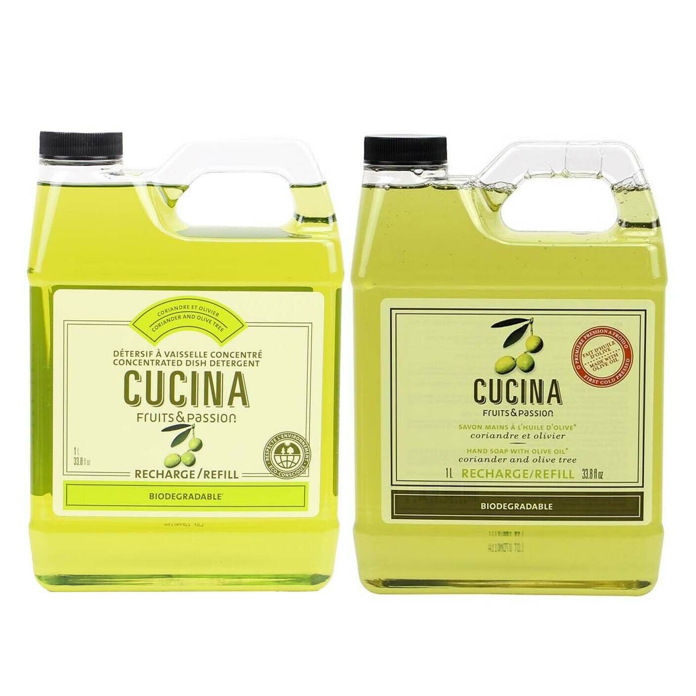 Cucina Coriander & Olive Tree Biodegradable Dish Detergent & Hand Soap - 1 L Set