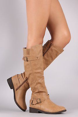 Image of Qupid Distressed Crisscross Buckled Strap Riding Knee High Boots