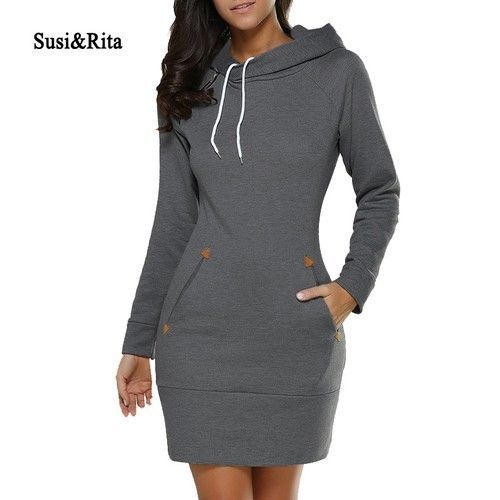 Image of Autumn Hooded Dress Women Pocket Long Sleeve Mini Hoodie Dress Plus Size Casual