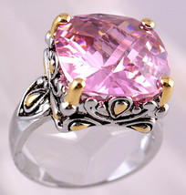 15mm Throne Room Checkerboard Cut Detailed Two Tone Bali Ring Pink Tourmaline Cz - $19.95