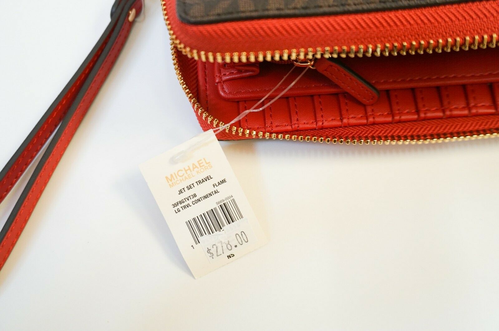 Michael Kors Jet Set Travel Zip Around Card Case Wallet Brown Mk Flame Red  