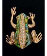 Unbranded Yellow Gold Tone Frog Brooch Pin Green Abalone Shell Clear Rhi... - $39.99