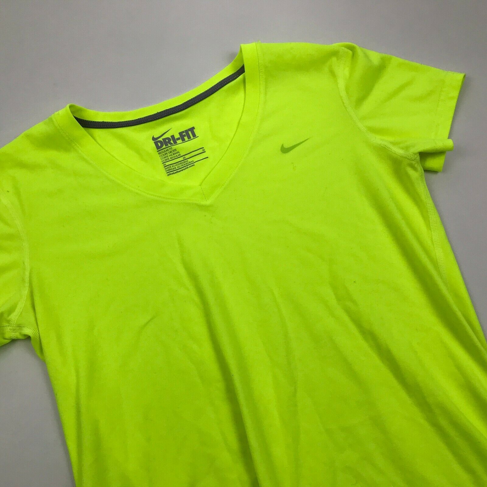 Nike Neon Green V-neck Shirt Size M Medium Regular Dry Fit Short Sleeve DRI-FIT - Activewear Tops