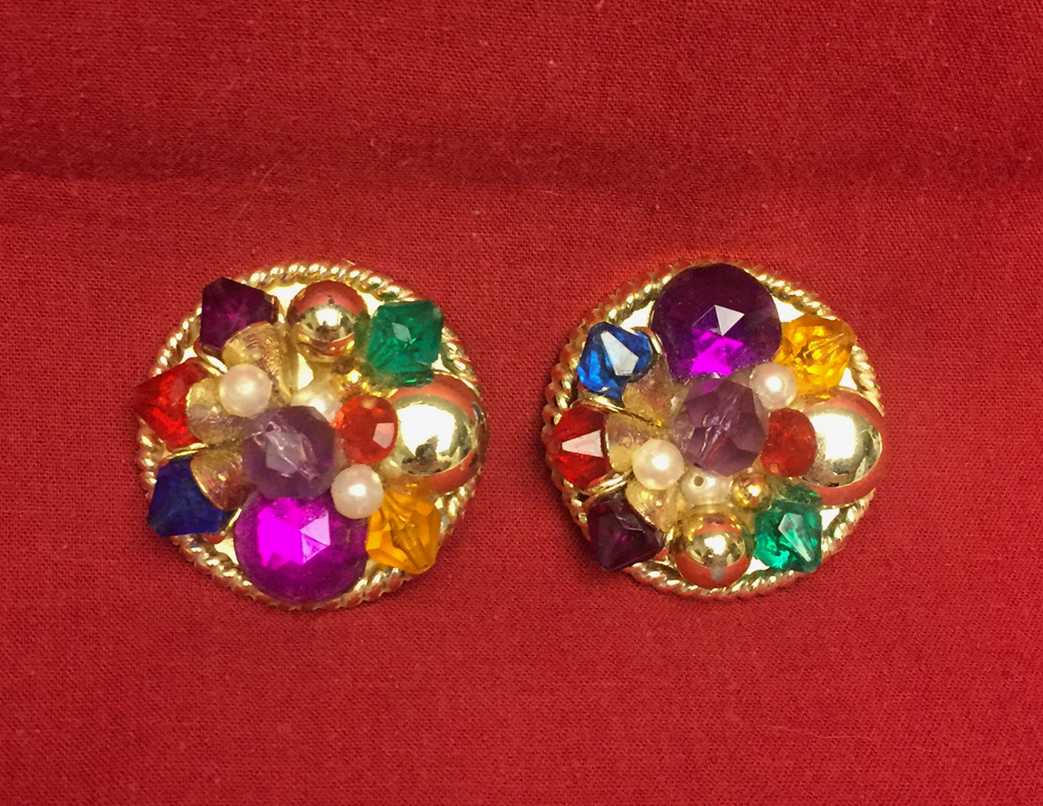 Vintage 1980s clip on earrings big gaudy plastic gold with multi color