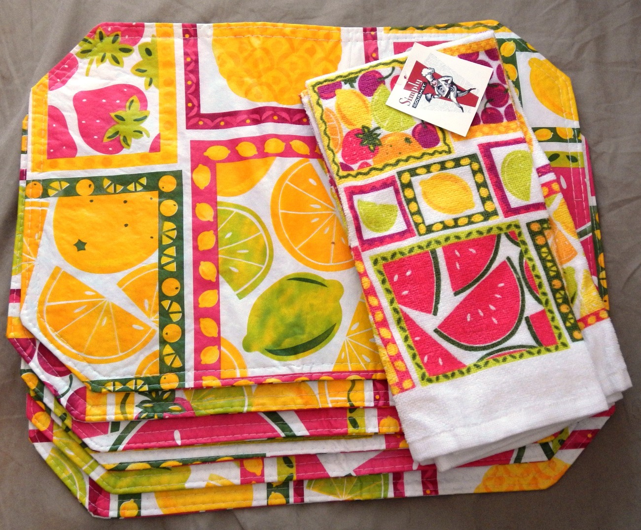 6 Fantastic Fruit Print Vinyl Placemats and 2 Tea Towels Placemats