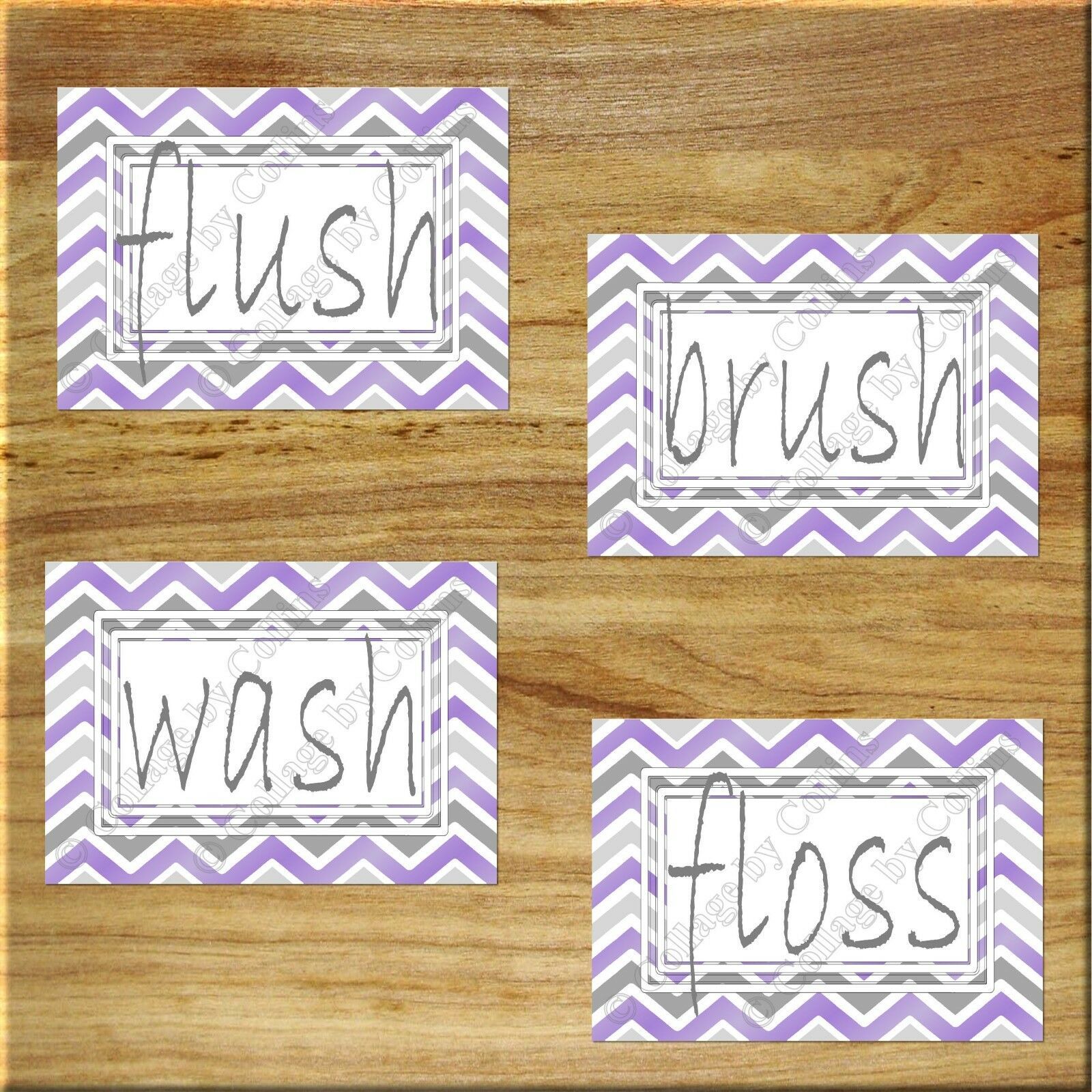 Primary image for Purple Gray White Bathroom Wall Art Picture Print Chevron Floss Flush Wash Brush