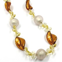 NECKLACE PETALS DROPS, SATIN SPHERE SPIRAL WAVE ORANGE YELLOW MURANO GLASS ITALY image 2
