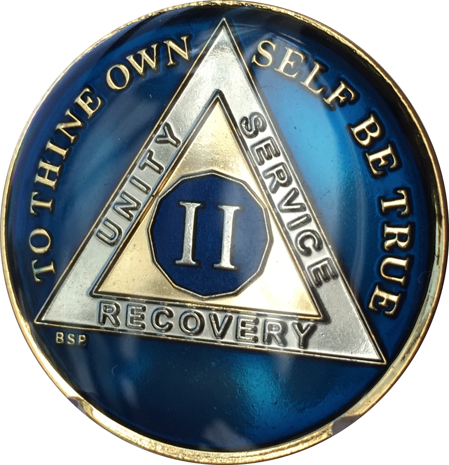 2 Year Midnight Blue AA Medallion Alcoholics Anonymous Chip Gold Tri-Plate two