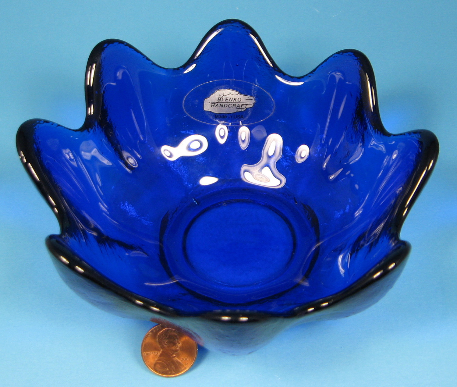 Blenko Cobalt Blue Art Glass Clover Bowl Original 5 5 Inch With Tag Husted 1970s Blenko
