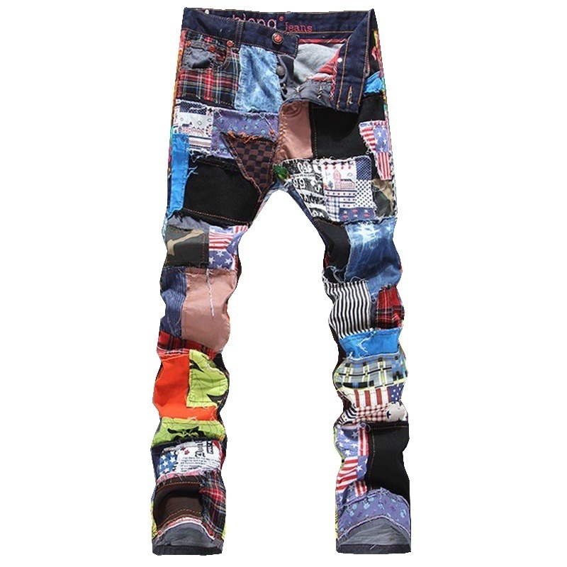 Men's Personality Patchwork Spliced Ripped Denim Jeans Male Fashion Slim Colored