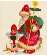 Unique Santa Claus In Red Coat &amp; Little Fairy Helper Vintage Christmas P... - $45.00