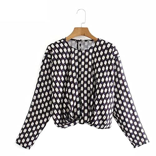 O Neck Hem Knotted Print Short Blouse Retro Office Ladies Long Sleeve Business S