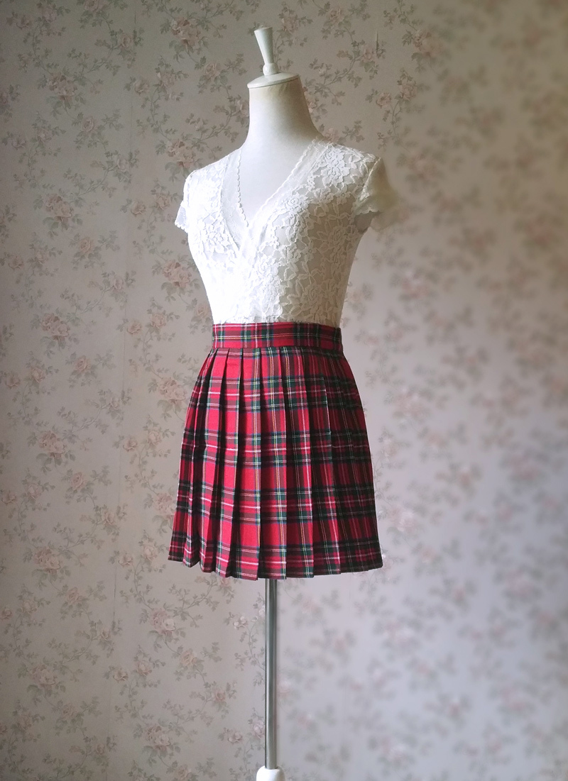 RED PLAID SKIRT School Style Mini Pleated Plaid Skirt Outfit Plus Size