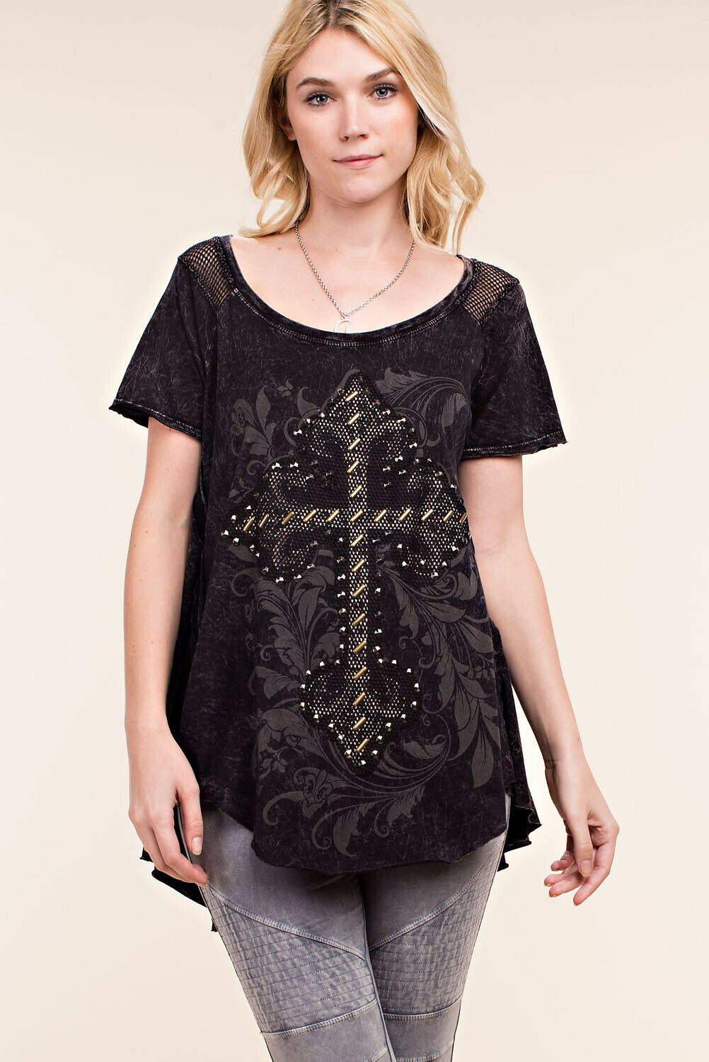 Classic Long Black Tee with Studded Cross by Vocal  Apparel S, M, L, USA