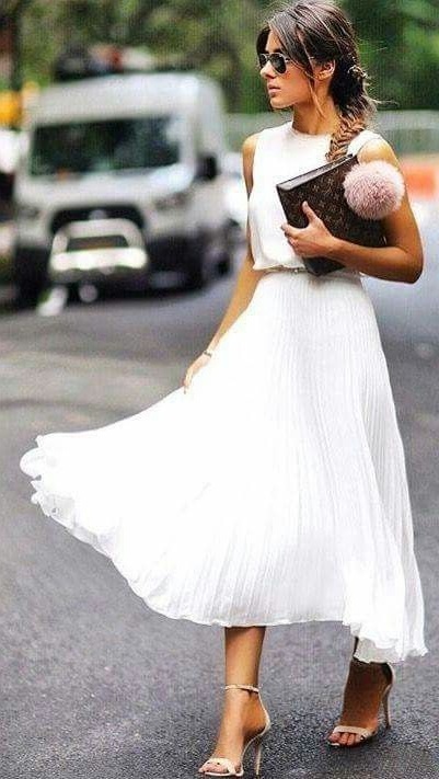 New white pleated maxi length casual women skirt long elegant autumn fall