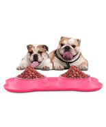 (pink size L)Bone Shaped Dog Bowl Double Stainless Steel Dish Bowl Non-Spill Tr - $60.00