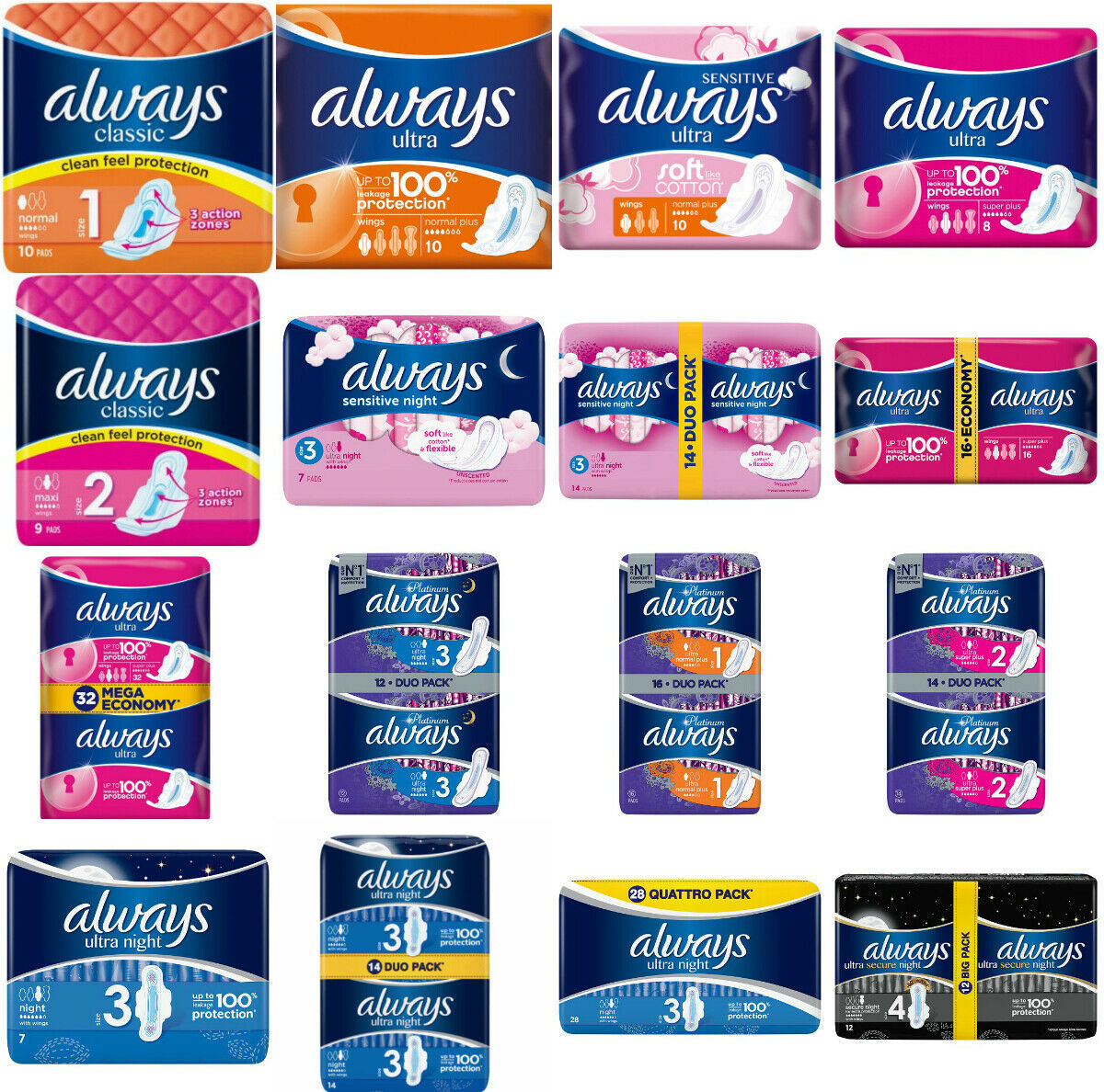 Always Sanitary Napkins Classic Normal Platinum Different varieties