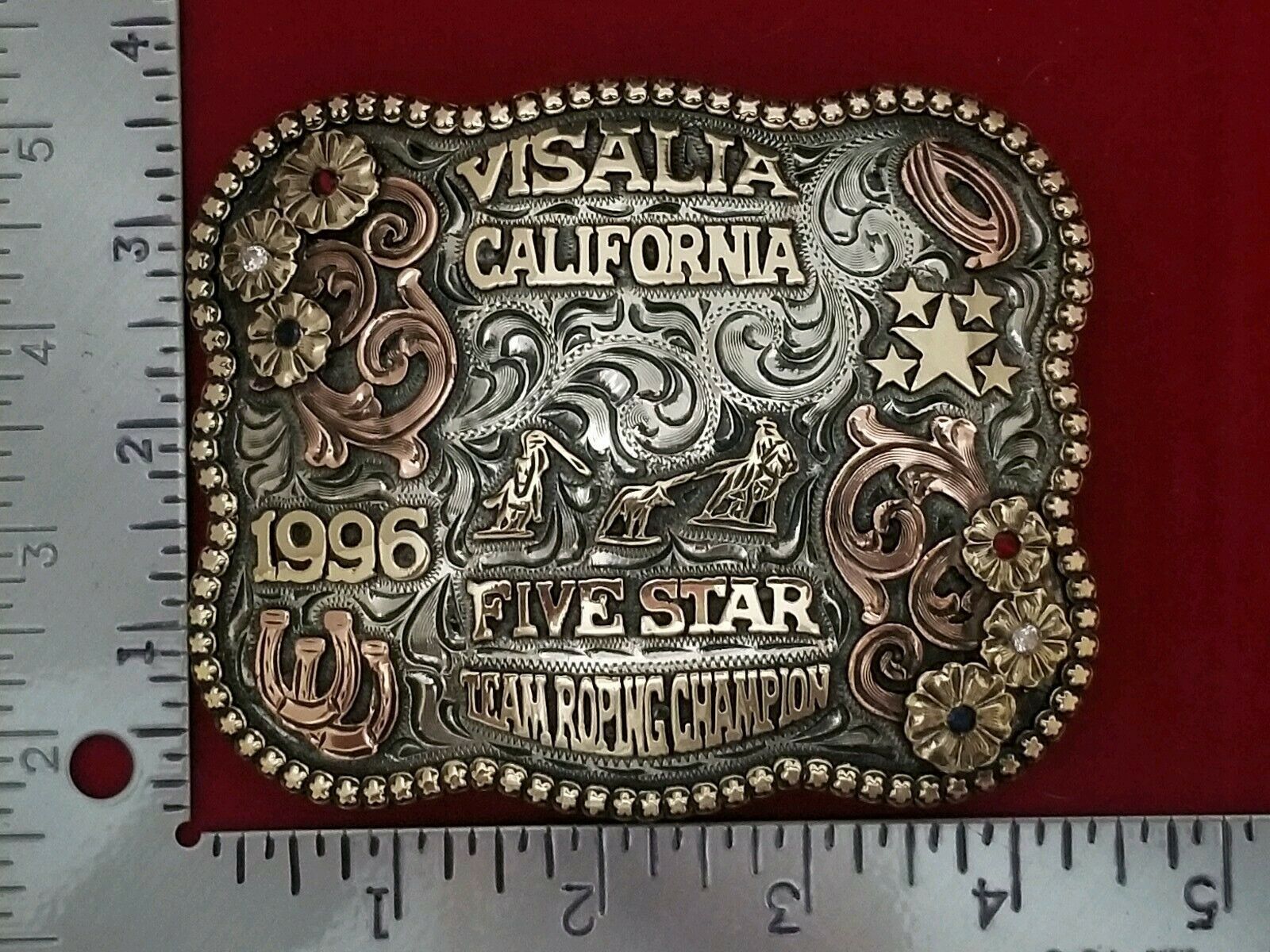1996 RODEO VINTAGE TROPHY BELT BUCKLEVISALIA CALIFORNIA TEAM ROPING CHAMPION874 Belt Buckles