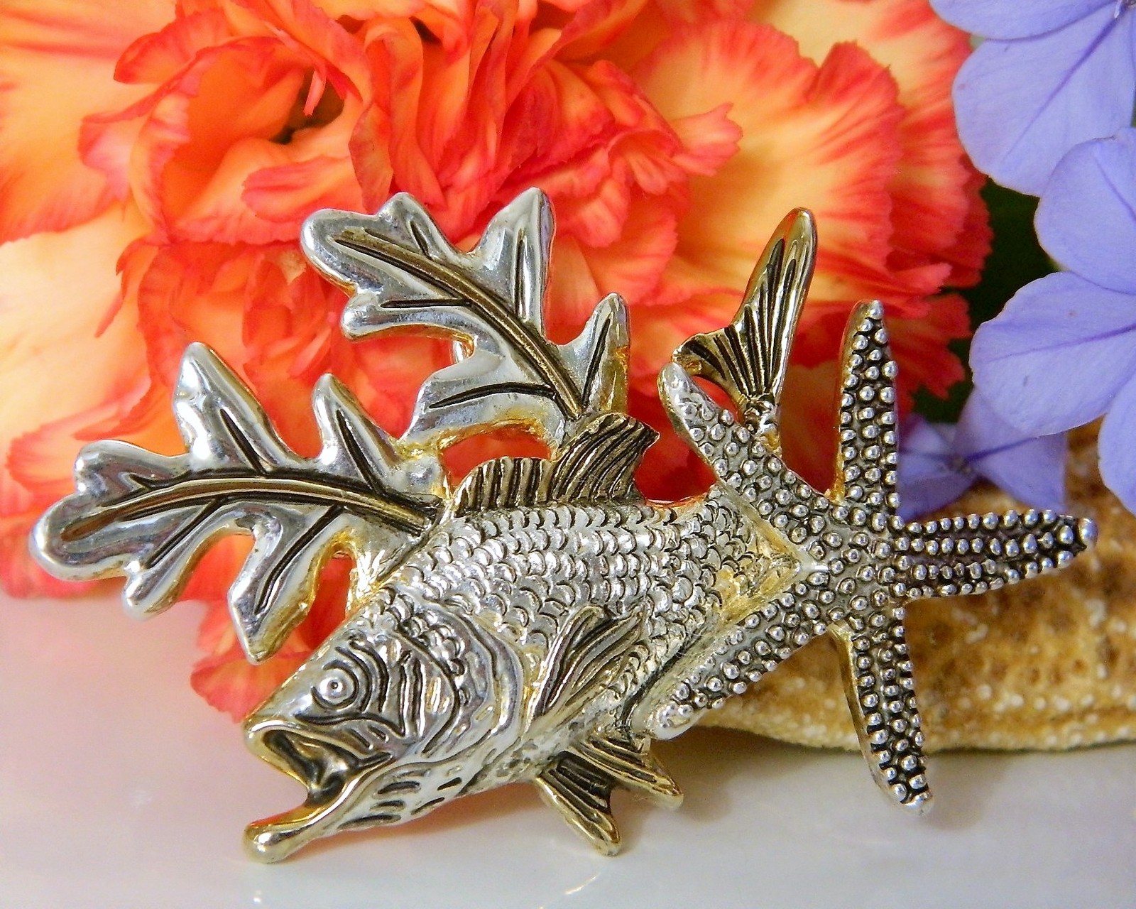 Grouper Bass Fish Pendant Brooch Pin Tropical Starfish Signed MJ Pins