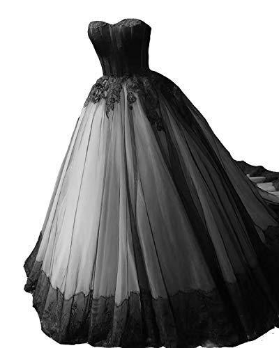 Kivary Vintage Black Lace Tulle Ball Gown Gothic Long Prom Wedding Dress Silver