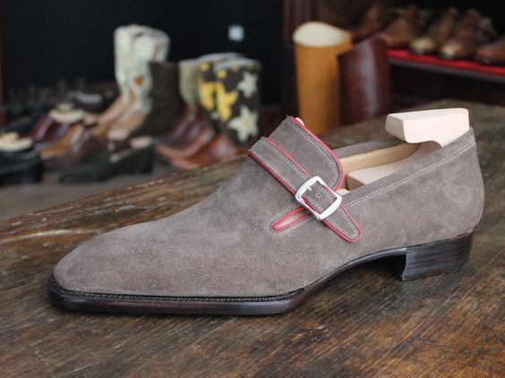 New Handmade gray suede shoes, monk strap buckle shoes men, men dress formal sho