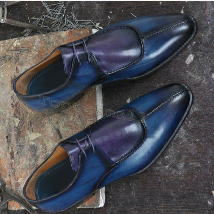 Handmade Men's Leather Oxfords Blue Wingtip Stylish Dress New Formal Shoes-41