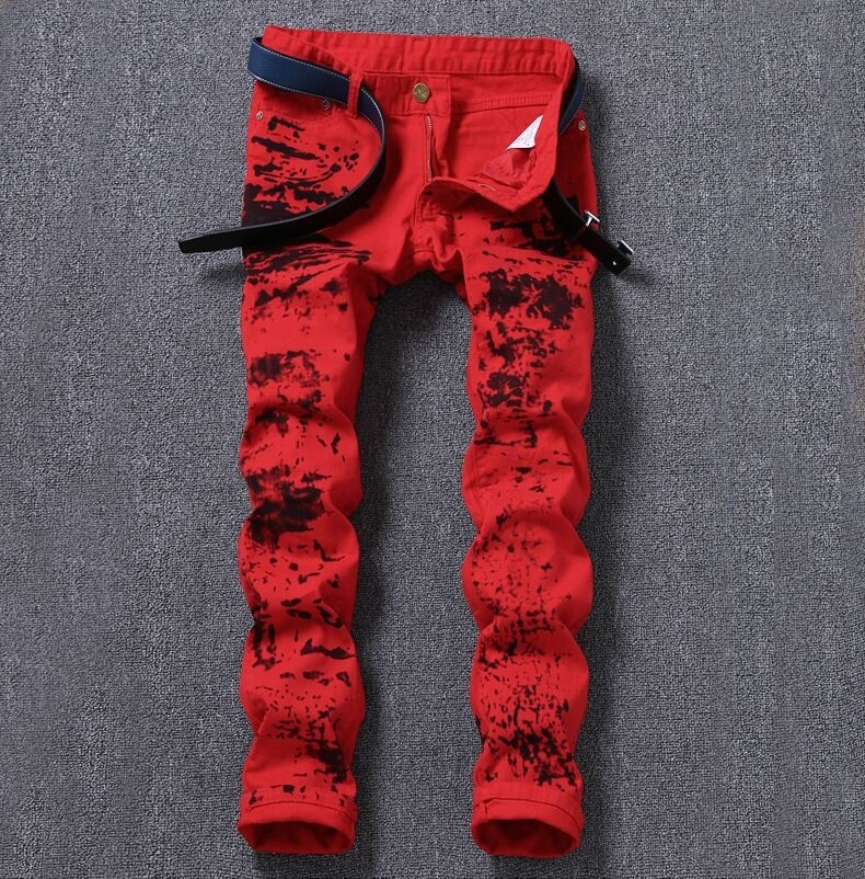 Fashion red jeans for men top quality moto biker jean male denim pants printed s