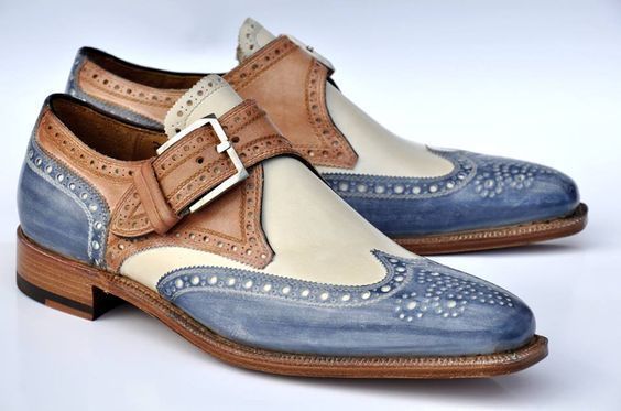 Blue Beige Brown Three Tone Genuine Premium Leather Men Handmade Monk Shoes
