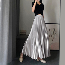Pleated Long Skirt Womens Pleated Skirt Outfit, Champagne, Silver, Black image 4