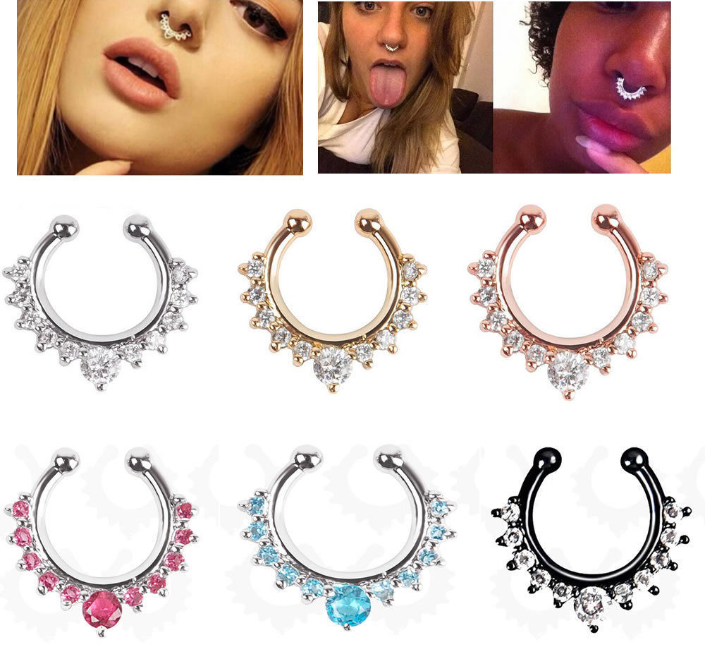 Fake Rhinestone Nose Ring Hoop Lip Earring Navel Body Non Piercing Cool ...