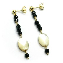 18K YELLOW GOLD PENDANT EARRINGS, OVAL MOTHER OF PEARL, BLACK ONYX,  5.7cm 2.25" image 1
