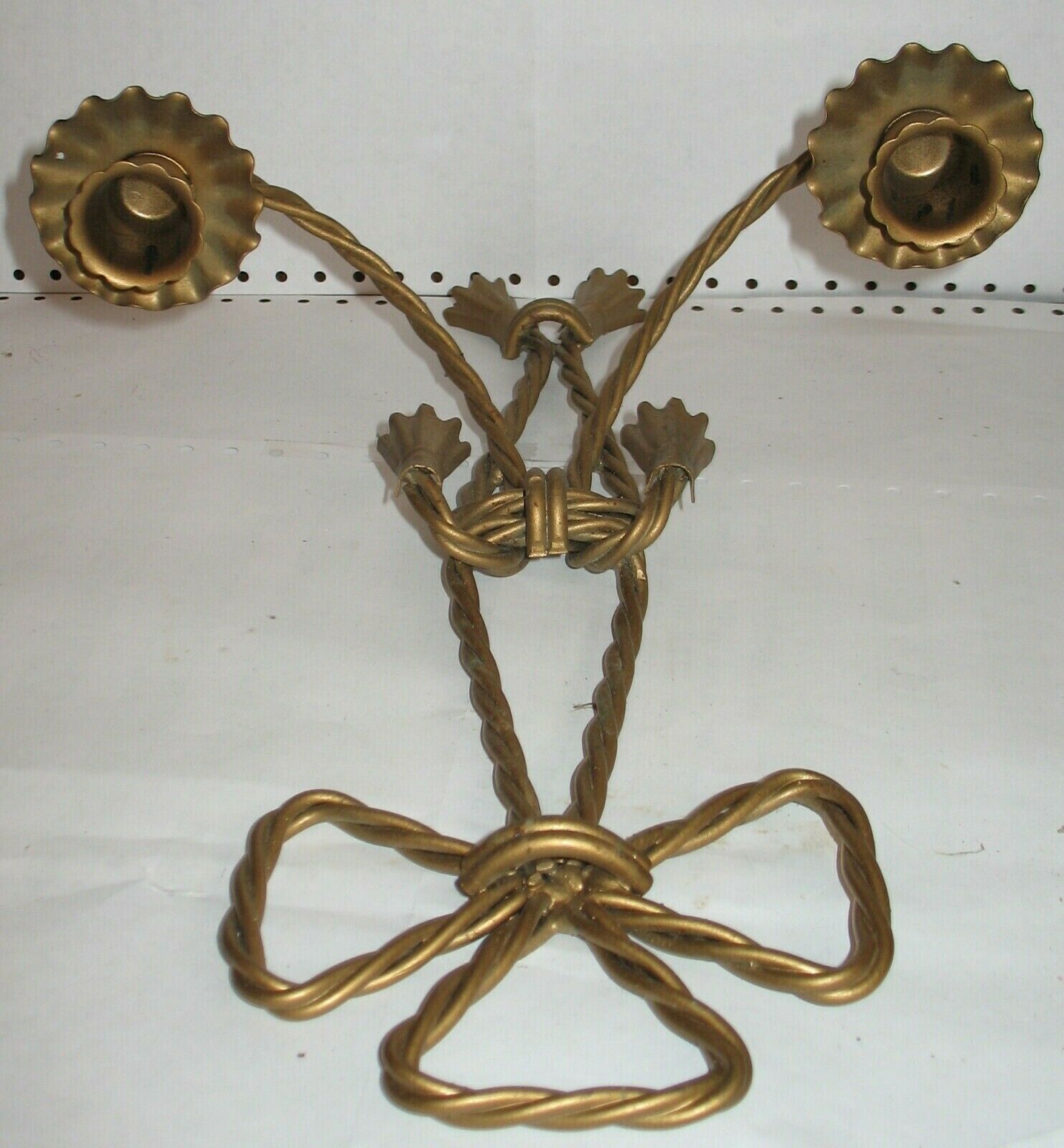 Vintage Twisted Ribbon Wrought Iron Painted Gold Double Taper Candle