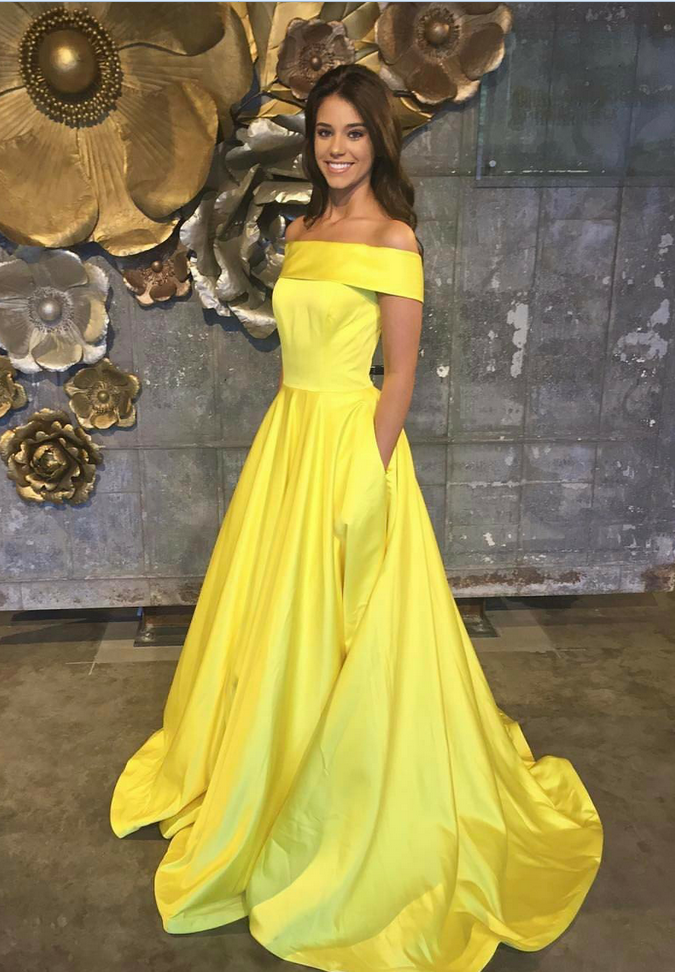 Off Shoulder A-line Satin Yellow Prom Dress Floor Length Women Evening Dress