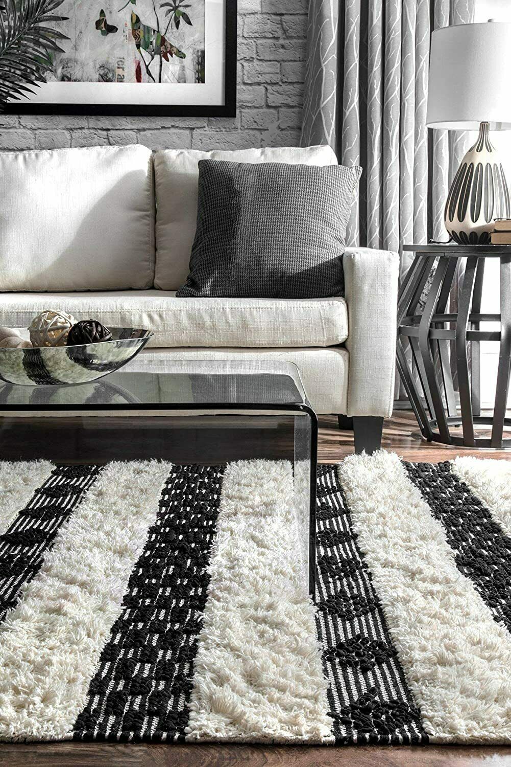 Nice! Carpet Area Rug 4' x 6' Black & White Shag Fluffy Boho Tassel