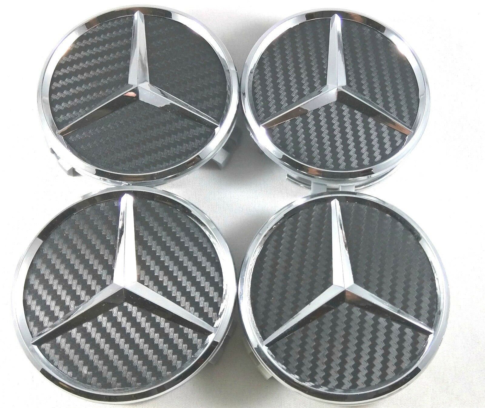 4X Mercedes Benz Center Caps Carbon Fiber Black 3 Inch/75mm Fit Model C E S (FB)