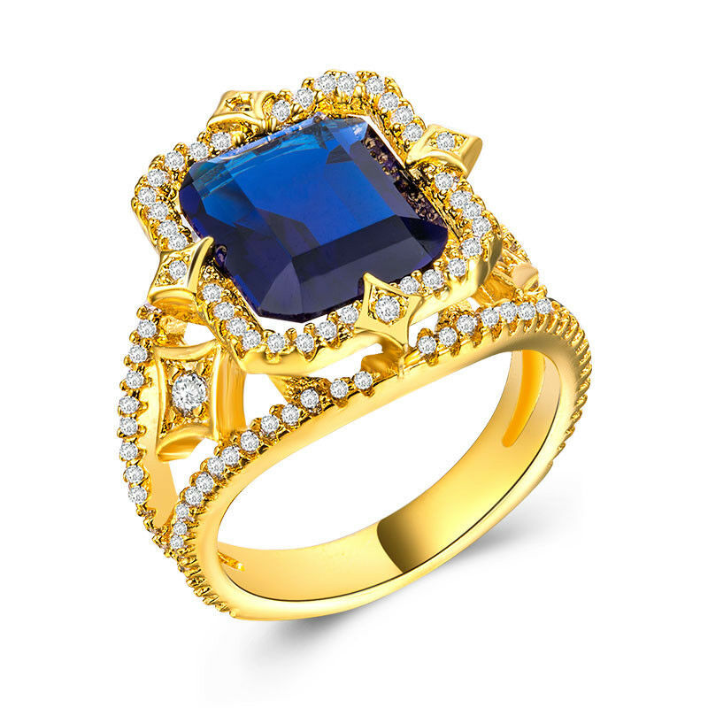 Luxury Emerald Cut Blue Sapphire 18k Yellow Gold Filled Wedding Ring Size 6-10
