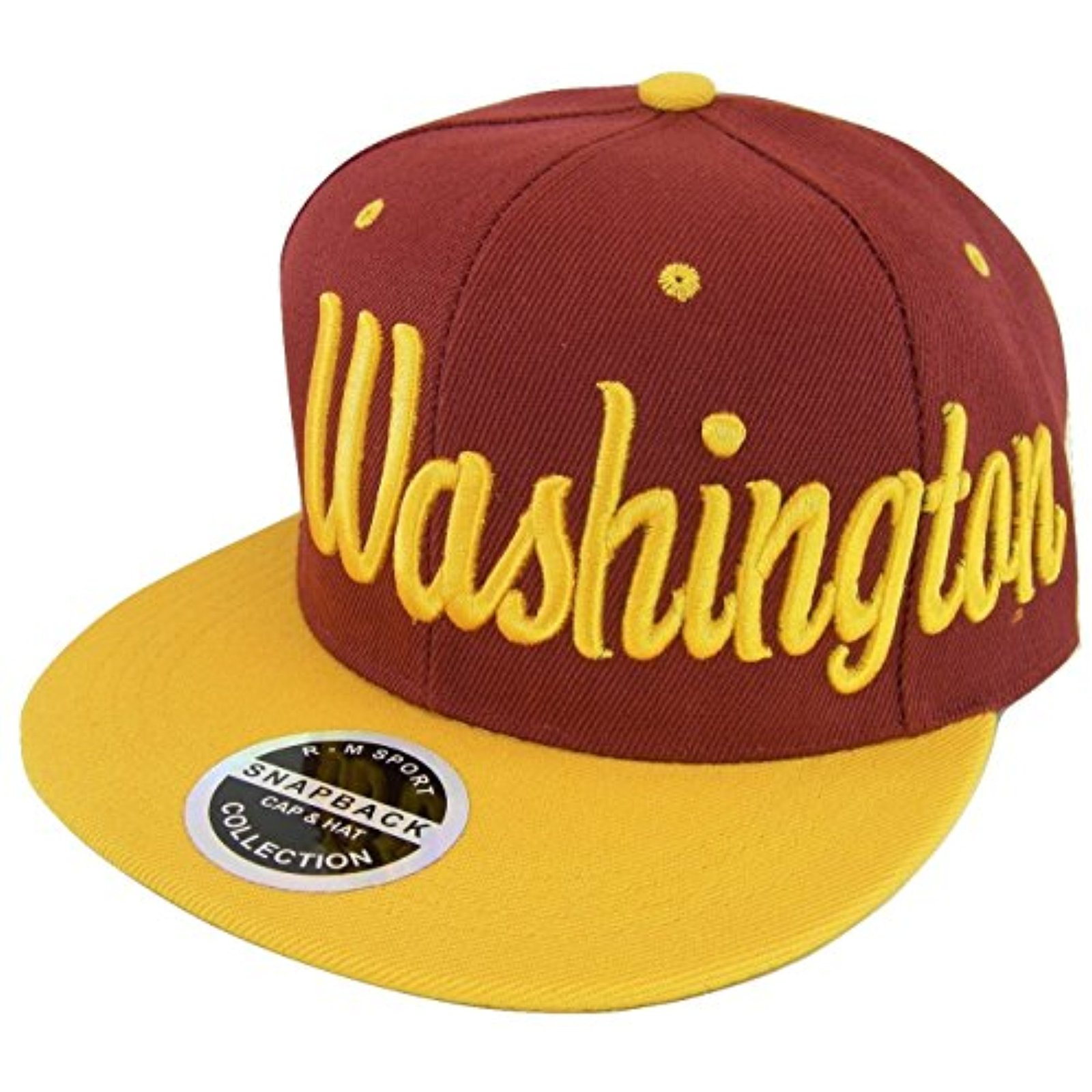 Washington Men's Offset Cursive Script Snapback Baseball Cap (Burgundy/Gold)
