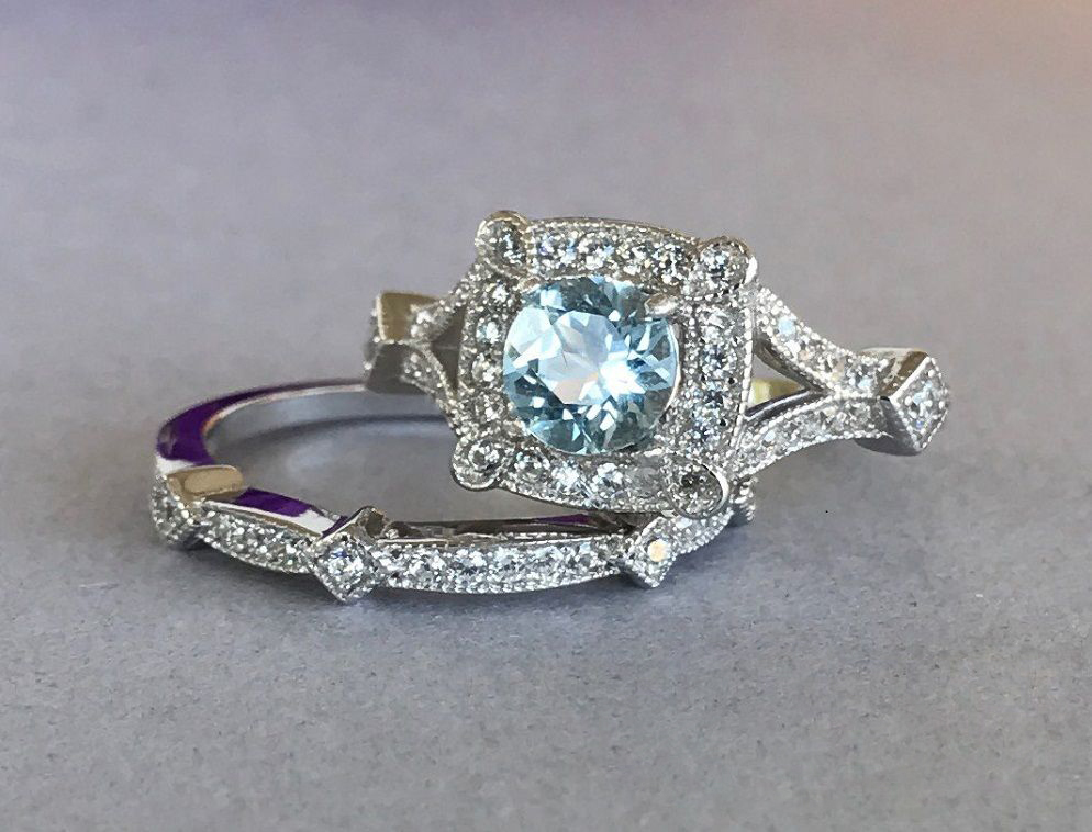 Round Cut Aquamarine Bridal Engagement Ring Set 14k White Gold Plated ...