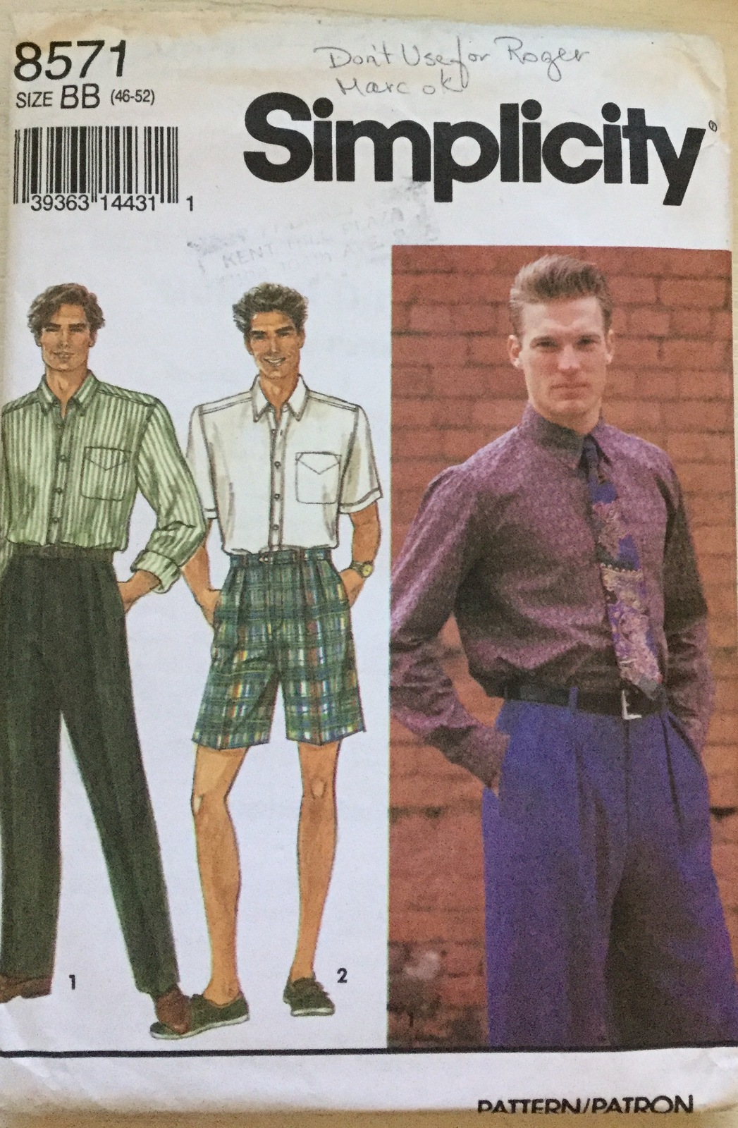 Simplicity 8571 Men's Button Front Shirts Size BB (46-52) - Sewing Patterns
