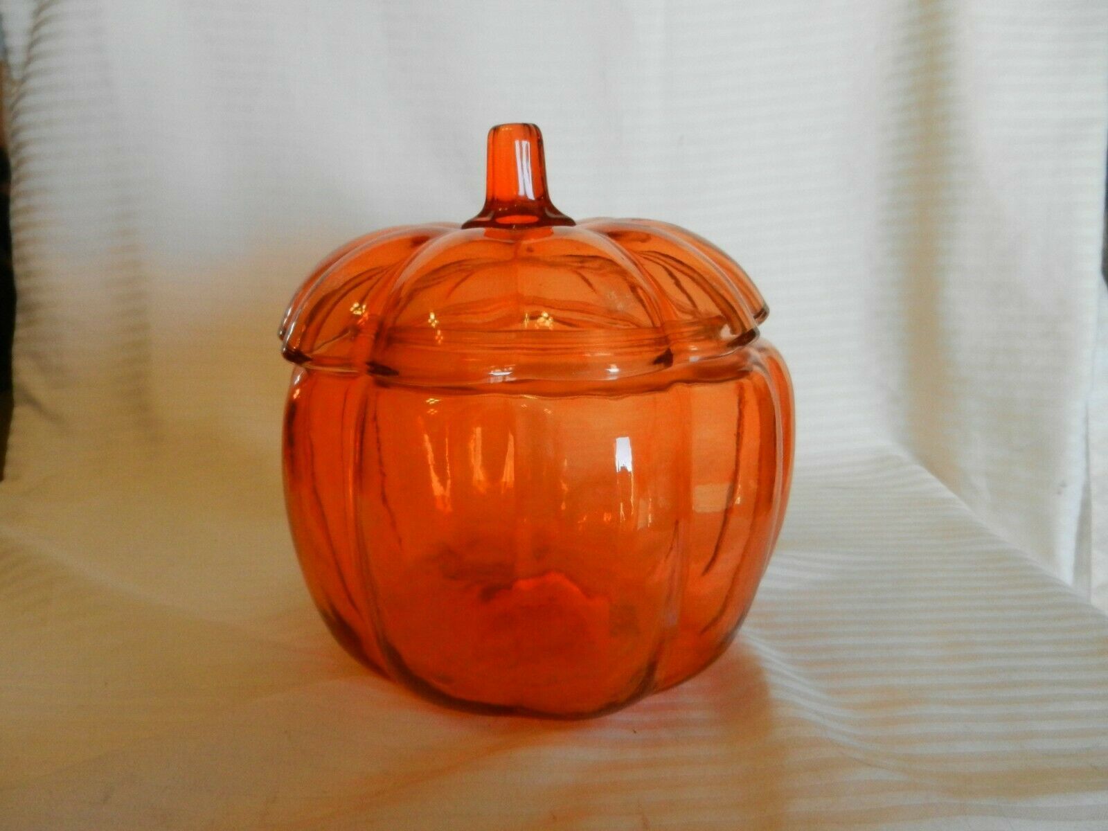 Vintage Orange Glass Pumpkin Cookie or Candy Jar With Lid 7.5" Tall
