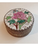 Vintage Porcelain Flower Butterfly Trinket Jewelry Box Round Mirror Silv... - $25.00