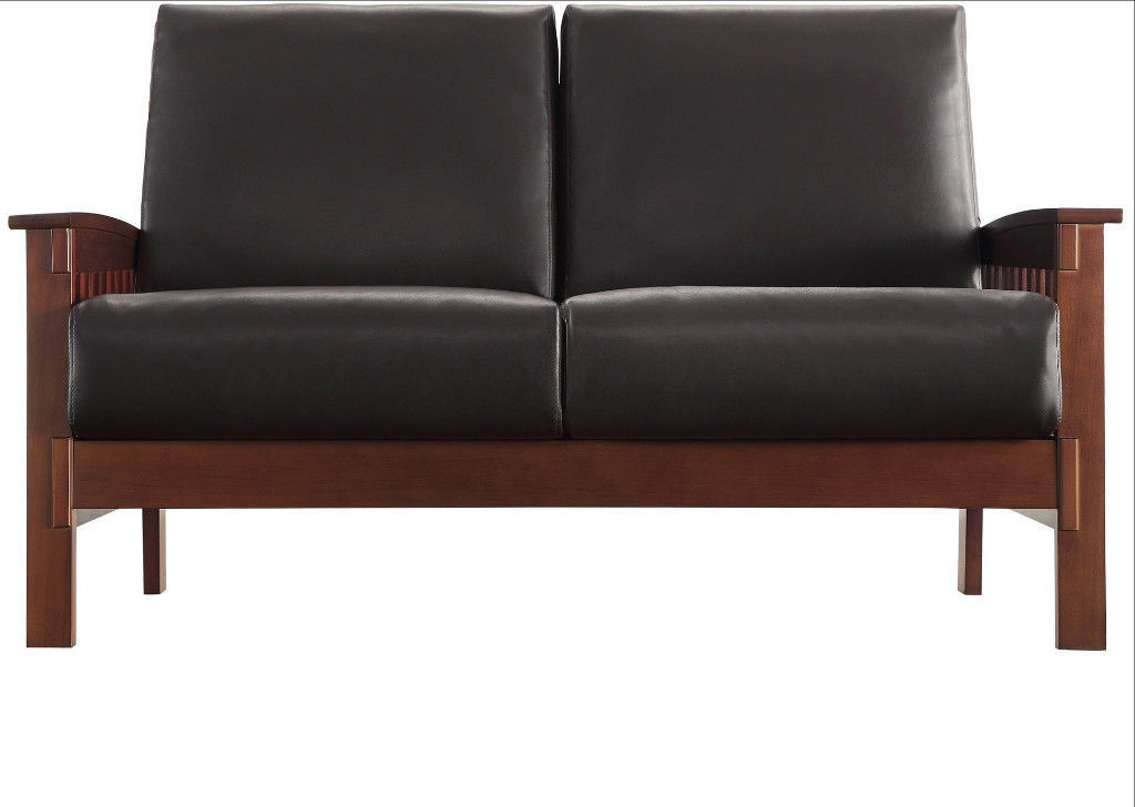 mission oak faux leather sofa dark brown