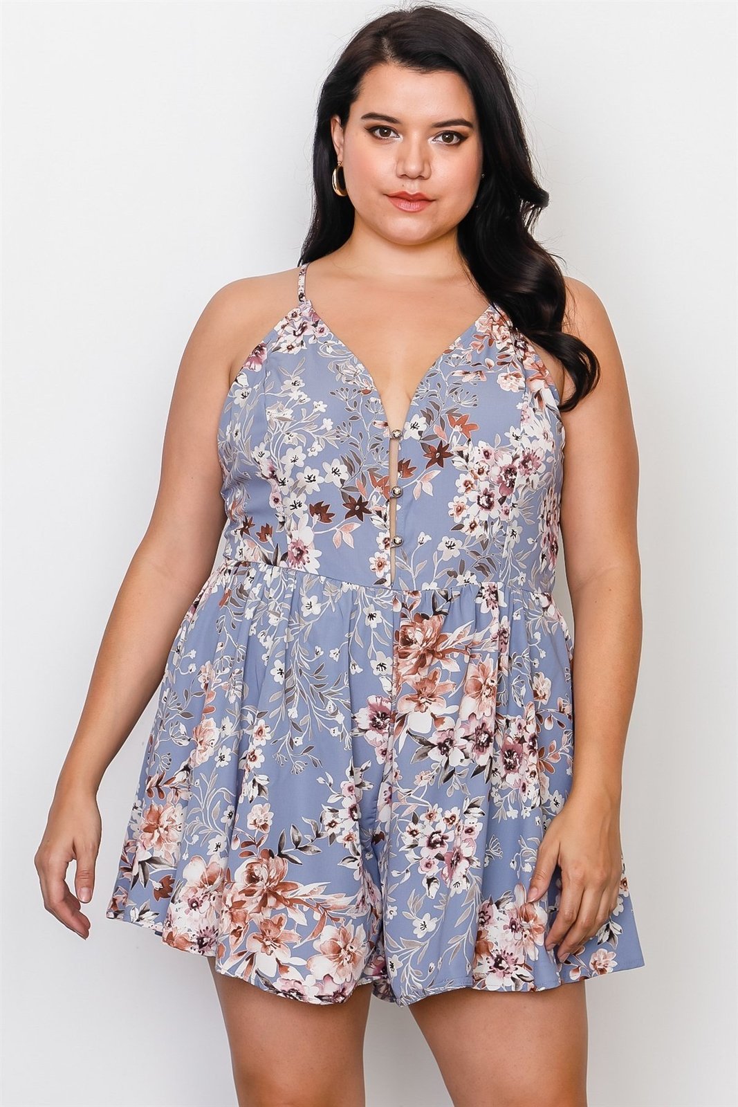 Plus Size Floral Print Romper w/ Lace Trim Cut Out Back - Women's Clothing